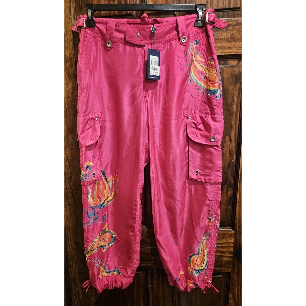 Ralph Lauren Bali Brits Magenta 100% Silk Cargo Beaded Embroidered Pants 6 NEW